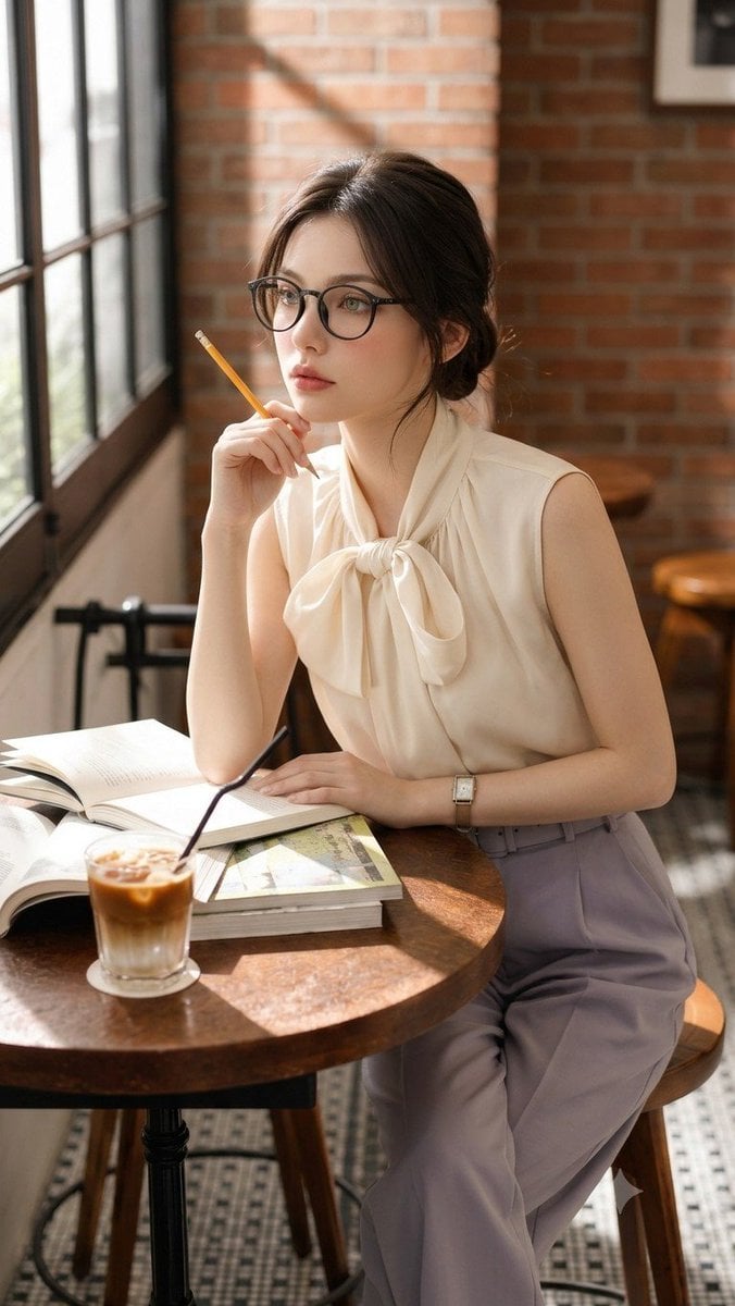 Pensive East Asian Woman in Sunlit Cafe
