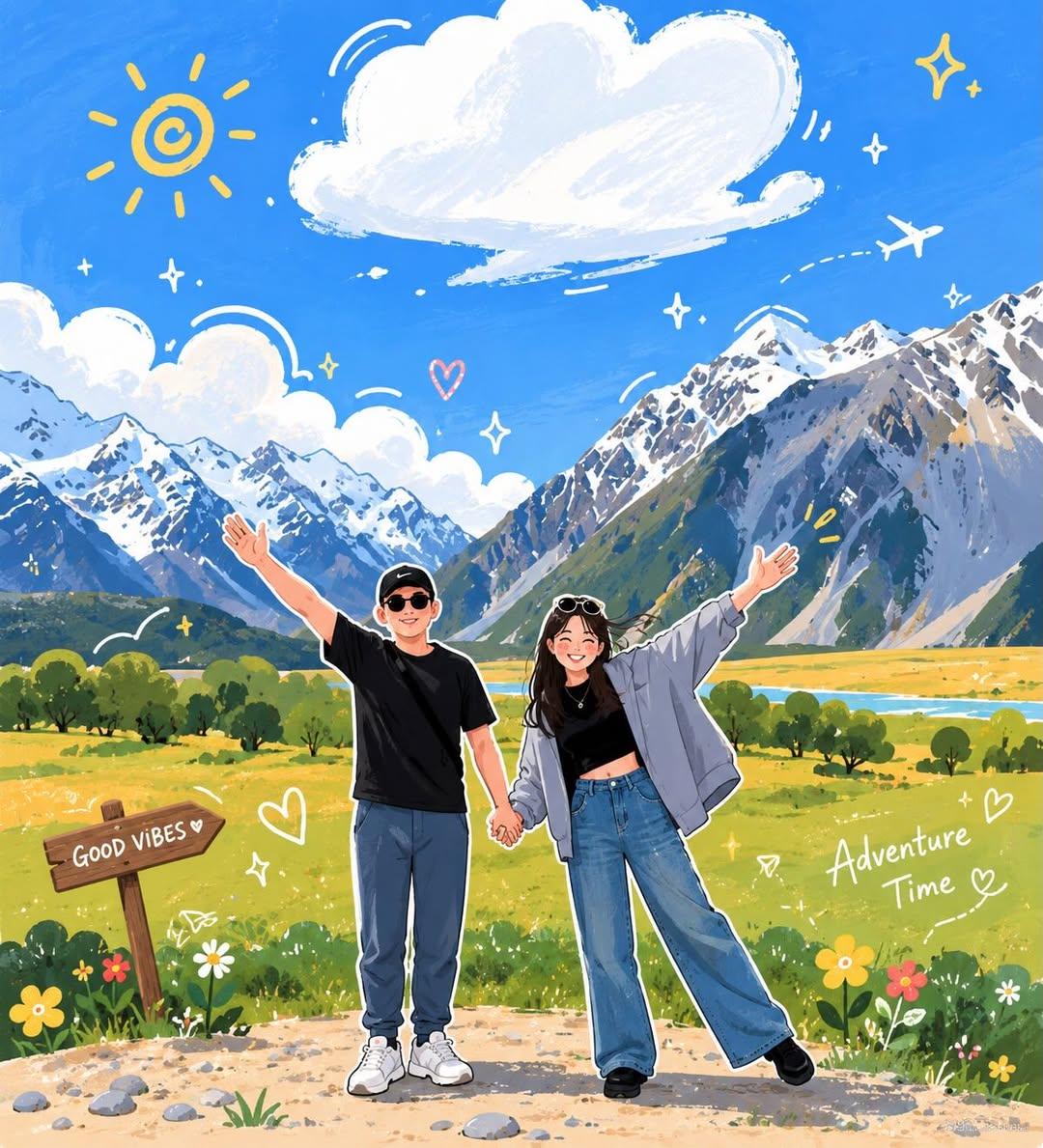 Charming Anime Couple in Mountain Landscape