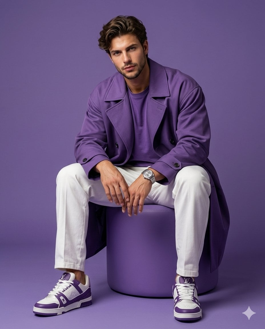 Gen-Z Fashion Editorial Portrait in Purple Studio