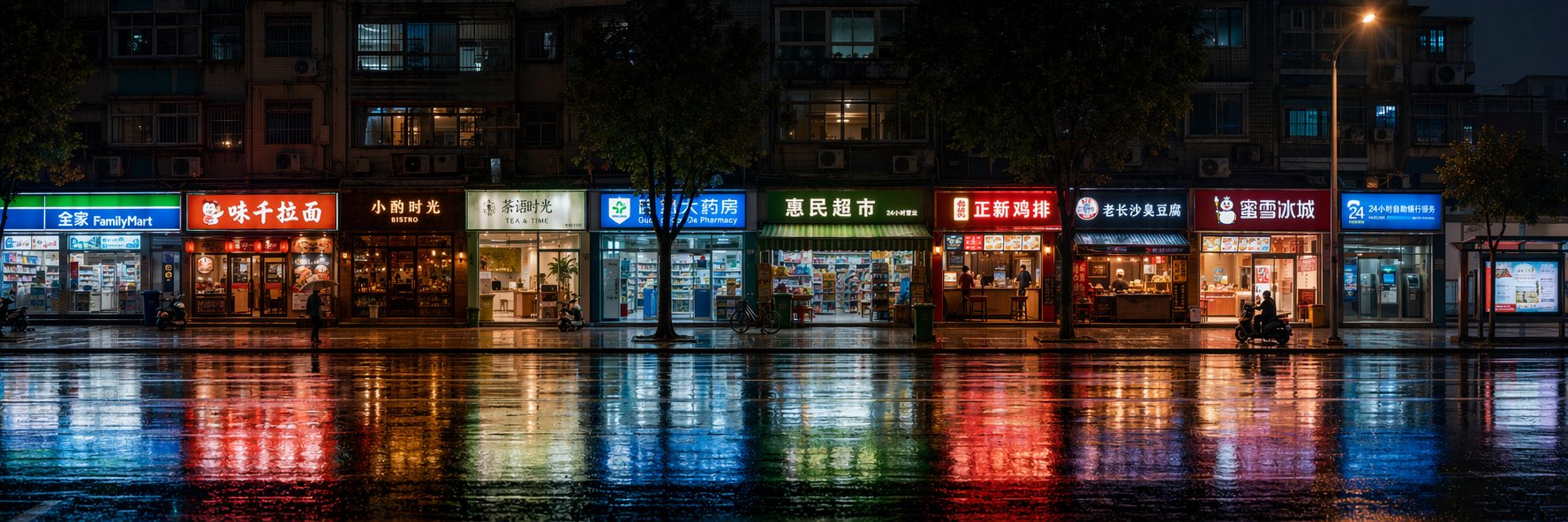 Continuous Urban Storefront Panorama in Rainy Night thumbnail 2