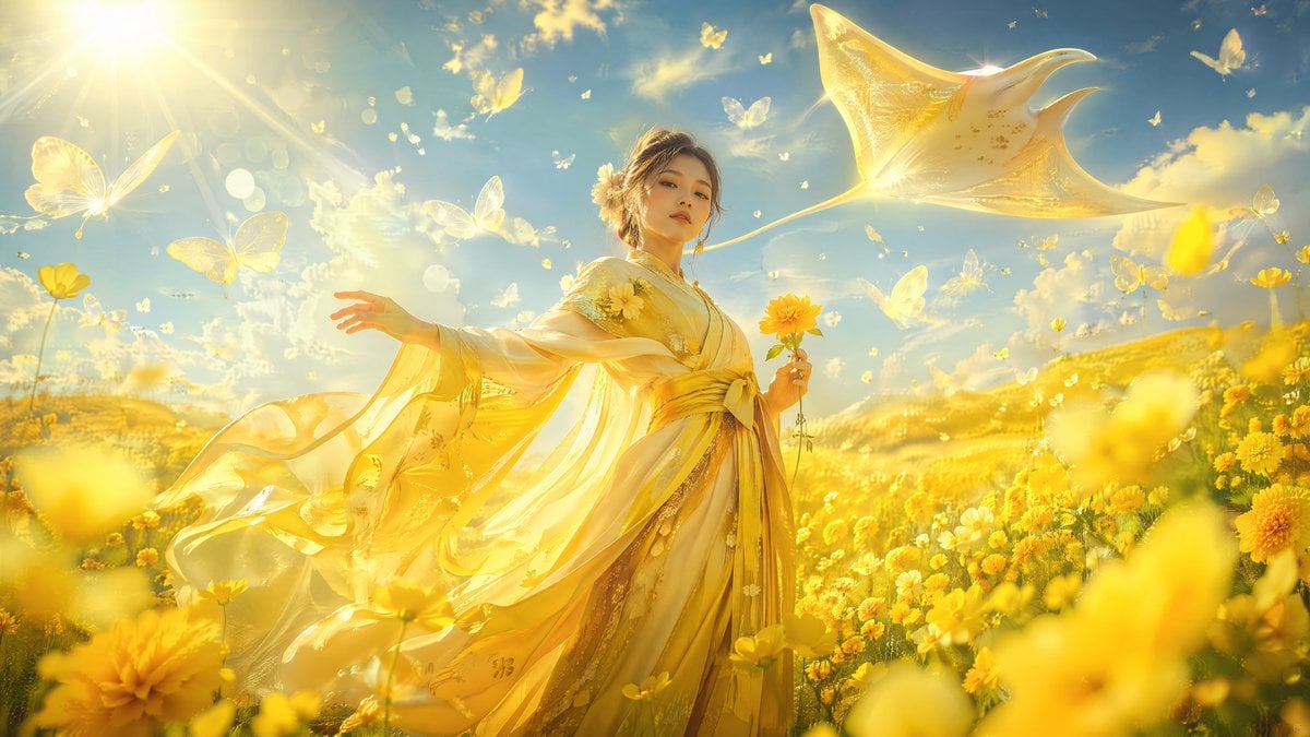 Ethereal Woman Amidst a Sea of Flowers