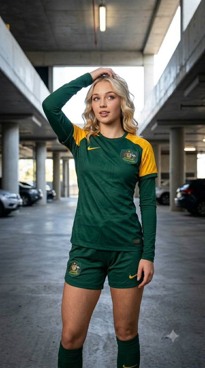 Athletic Woman in Soccer Uniform Poses in Parking Garage thumbnail 2