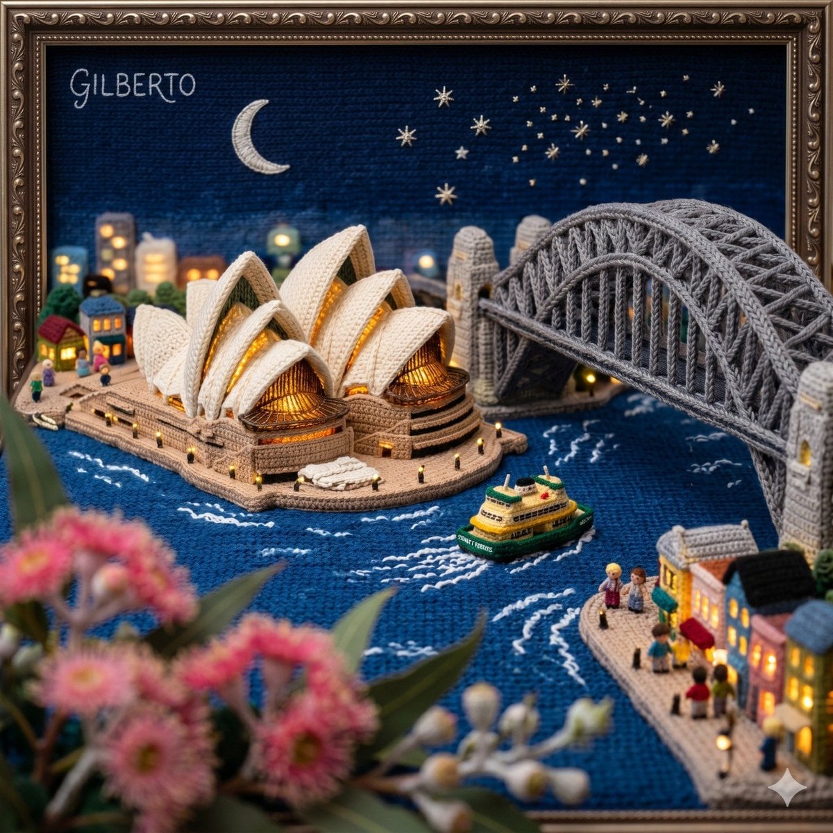 Knitted Cityscape Diorama Under Moonlit Sky