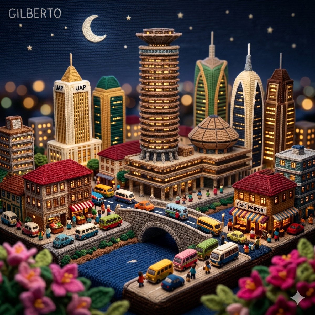 Knitted Cityscape Diorama Under Moonlit Sky thumbnail 4