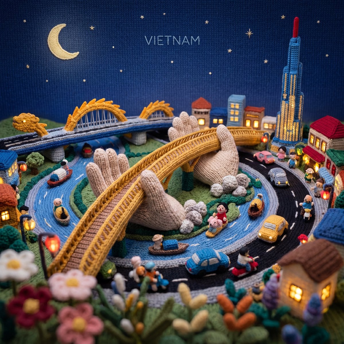 Knitted Yarn Miniature City with Glowing Interiors image 1