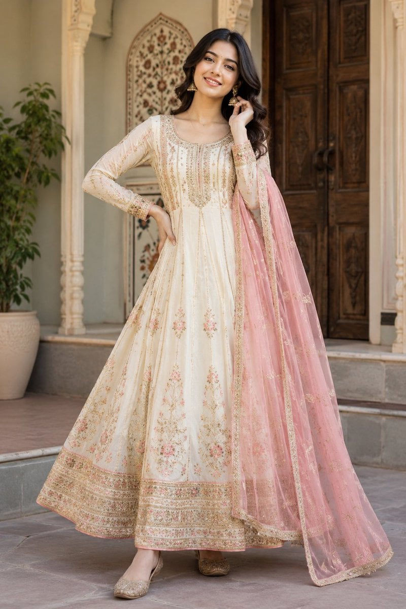 Elegant Woman in Embroidered Anarkali at Traditional Mansion