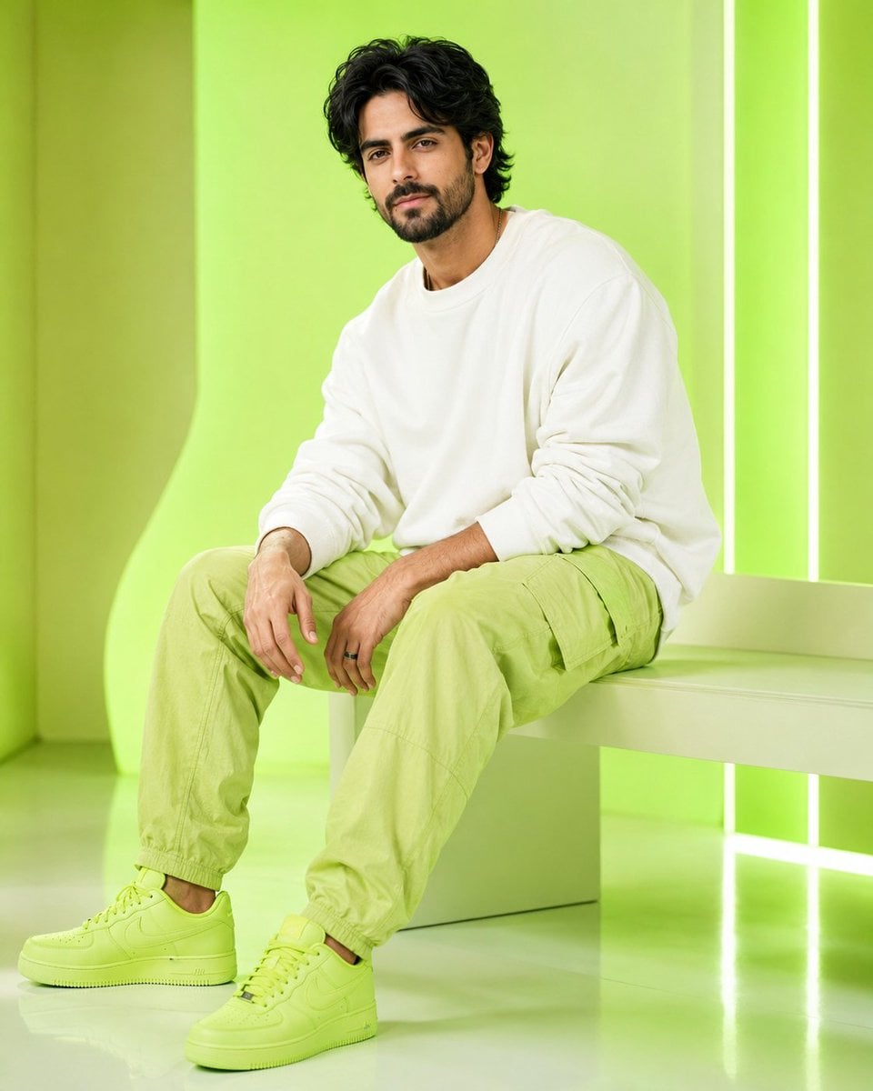 Ultra-realistic Indian man in neon green studio