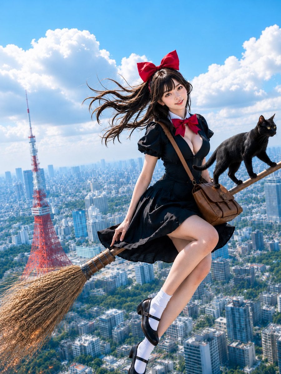 Witch Flying Over Tokyo with Cat image 1