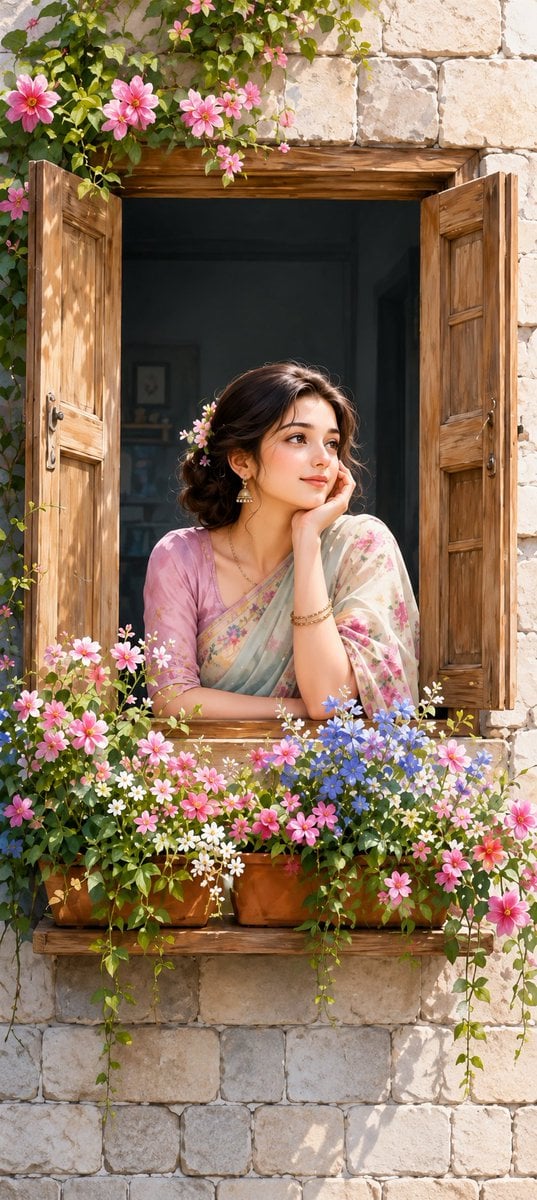 South Asian Woman in Floral Saree at Cottage Window