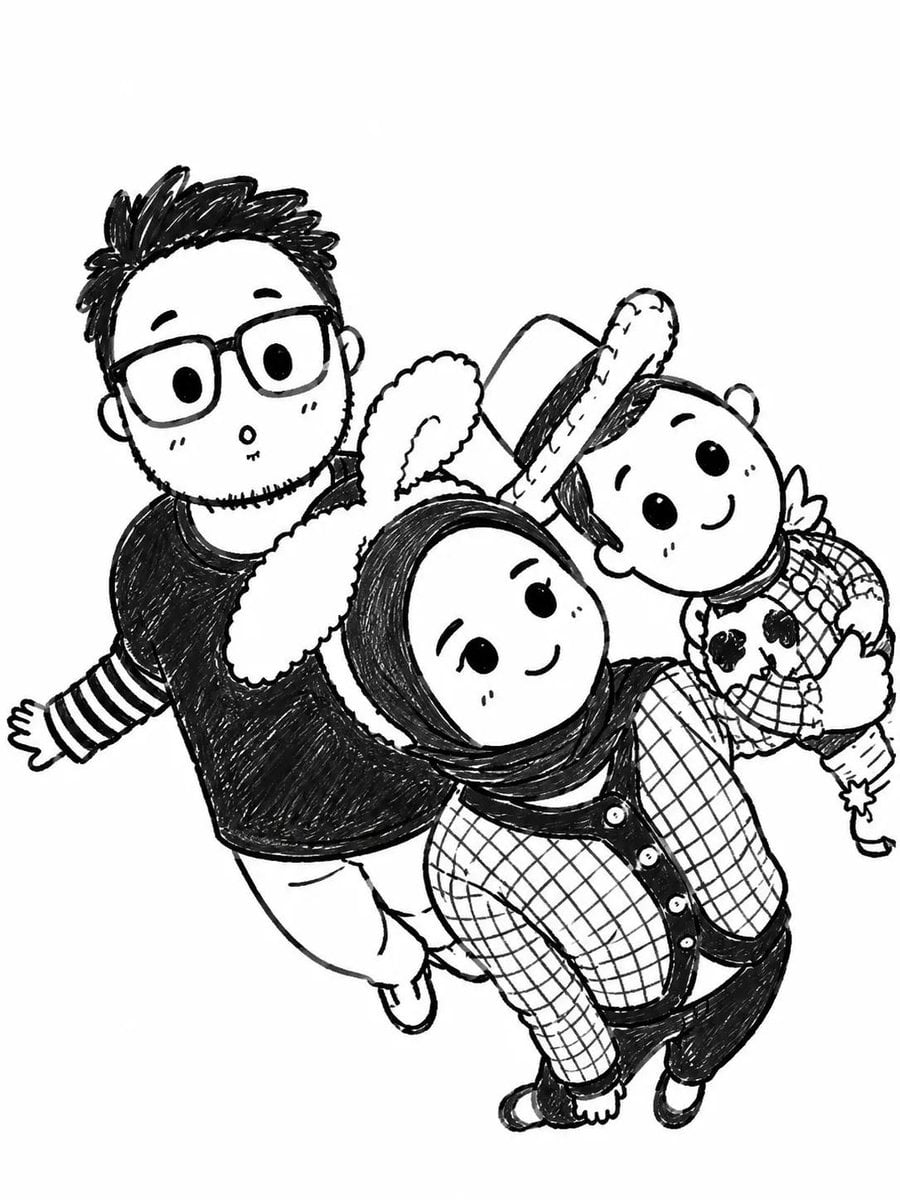Chibi Family Doodle in Black Ink