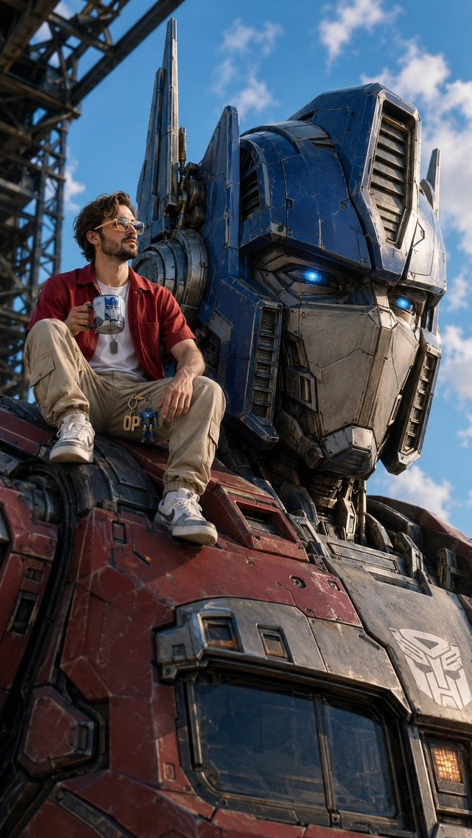 Giant Optimus Prime with Man on Shoulder at Sunset image 1