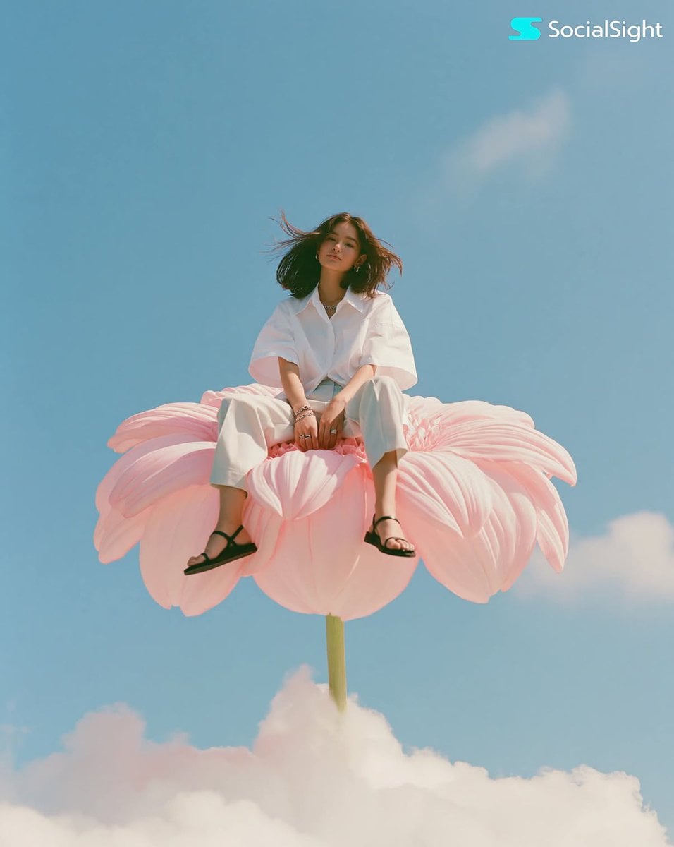 Model on a Giant Pink Flower Above the Clouds