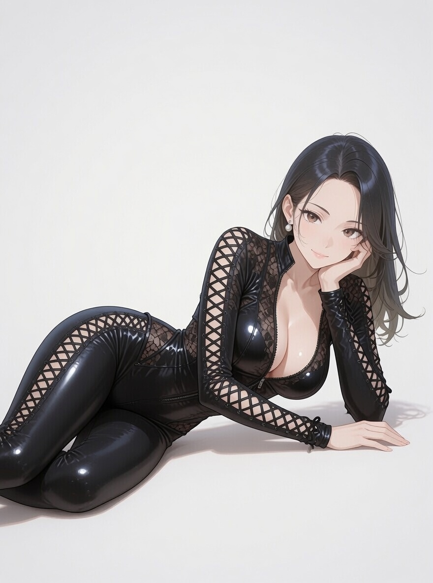 Glossy Black Latex Bodysuit with Lace Details thumbnail 2