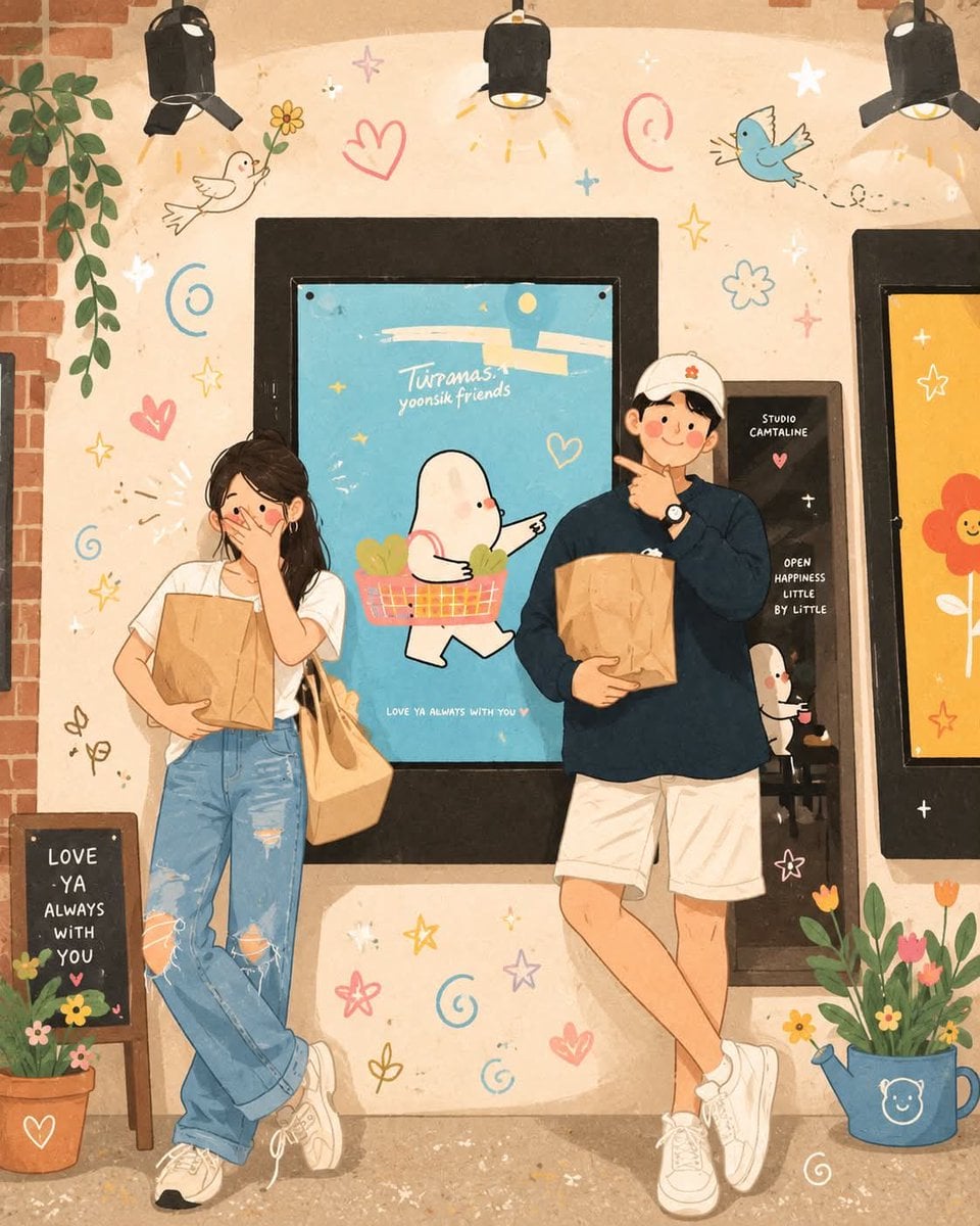 Whimsical Folk Flat Illustration with Doodle Elements