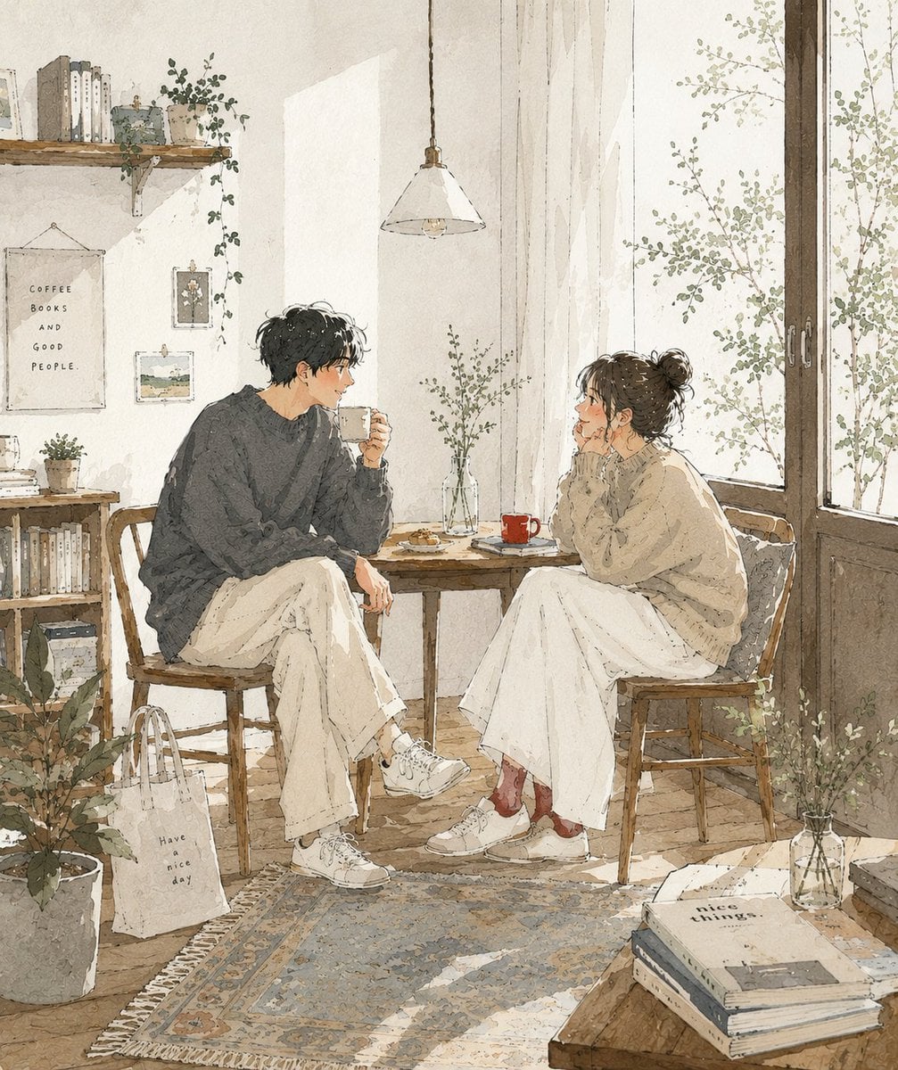 Cozy Café Sketch: Two Friends in Soft Watercolor thumbnail 2