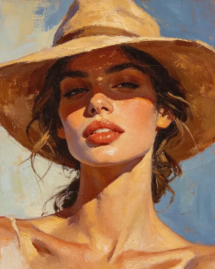 Golden Sunlit Portrait of a Woman in a Wide-Brim Hat