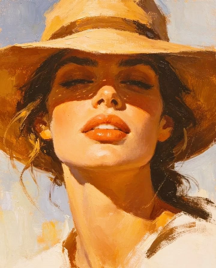 Golden Sunlit Portrait of a Woman in a Wide-Brim Hat thumbnail 2