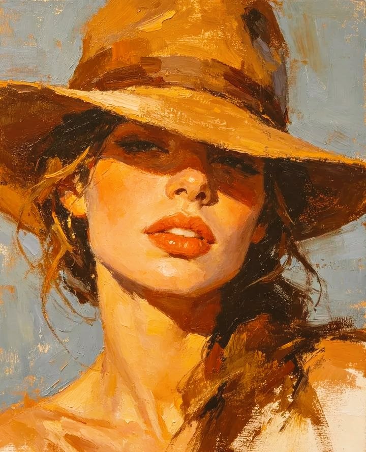 Golden Sunlit Portrait of a Woman in a Wide-Brim Hat thumbnail 3