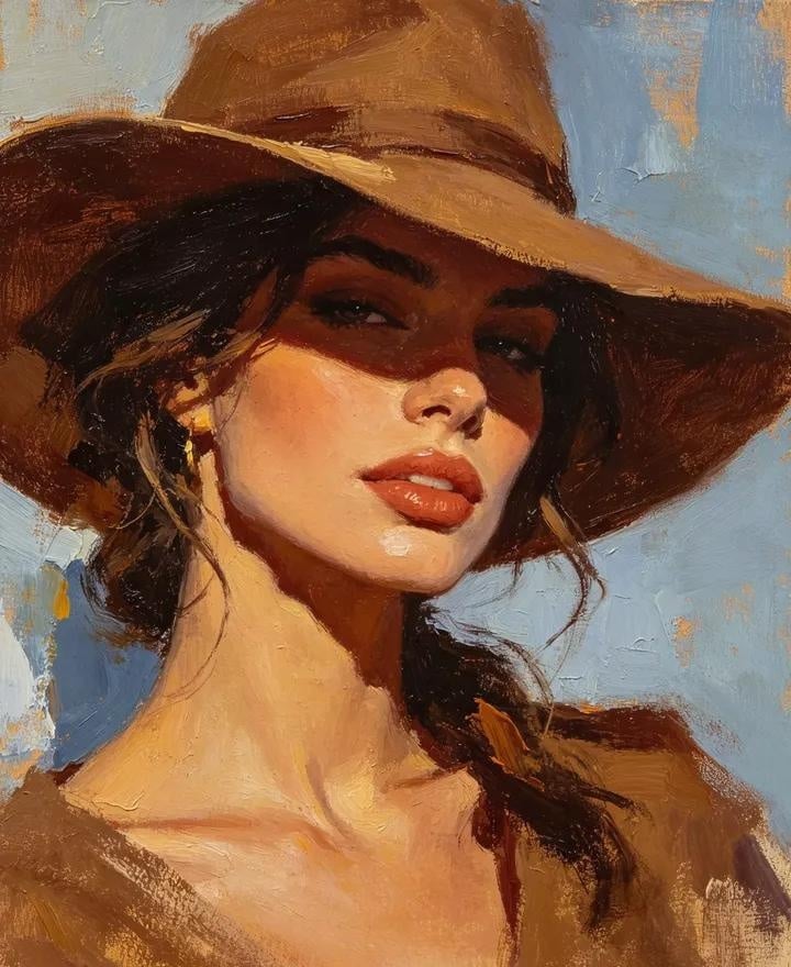 Golden Sunlit Portrait of a Woman in a Wide-Brim Hat thumbnail 4