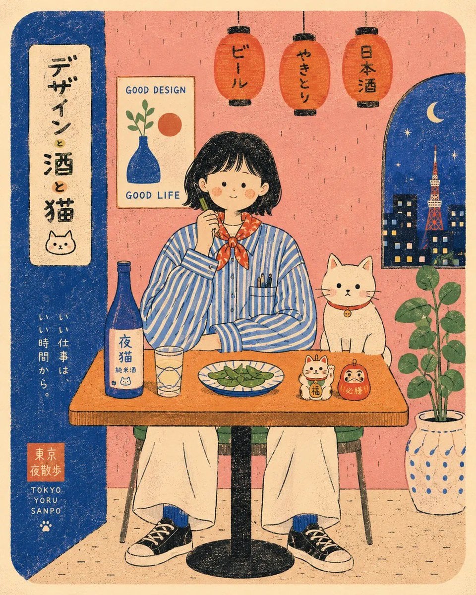 Flat Risograph Café Scene with Folk-Poster Charm