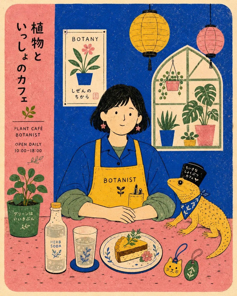 Flat Risograph Café Scene with Folk-Poster Charm thumbnail 2