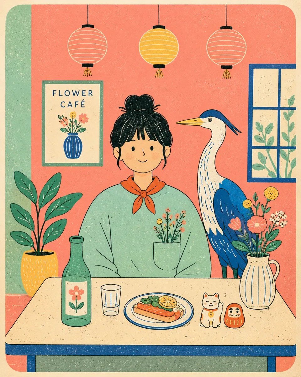 Flat Risograph Café Scene with Folk-Poster Charm thumbnail 4