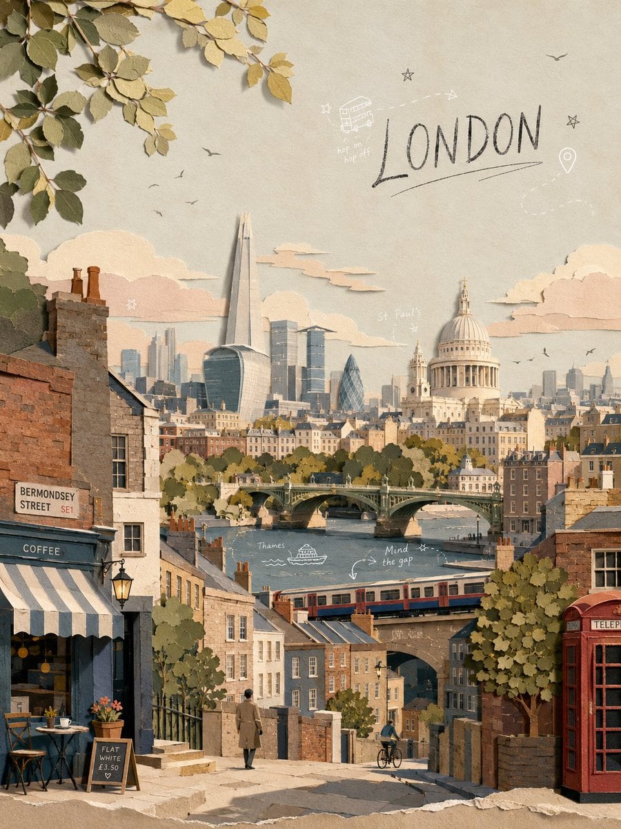 Layered Paper-Cut Cityscape: Historic and Modern Harmony