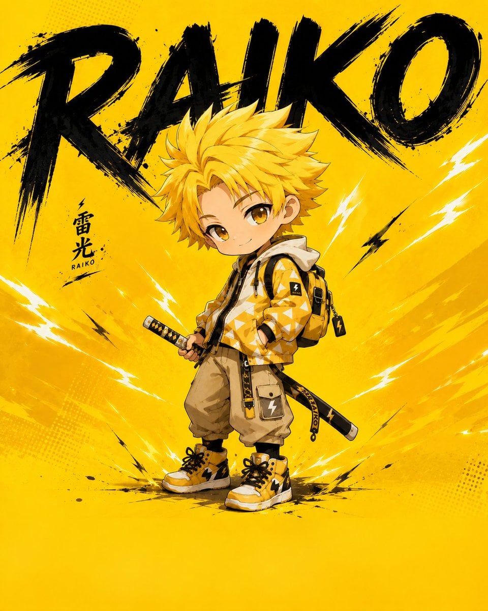 Chibi Anime Poster with Yellow Gradient and Lightning Bolts