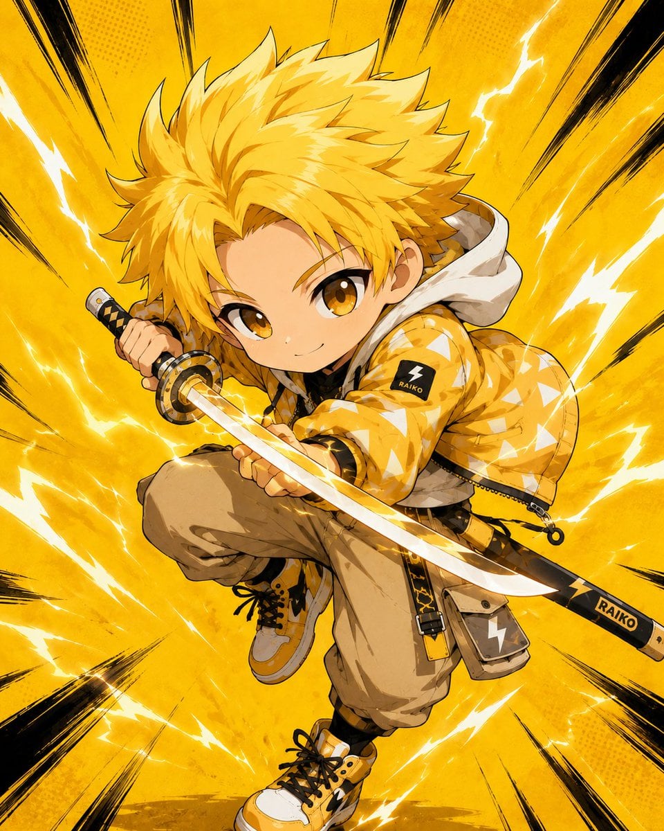 Chibi Anime Poster with Yellow Gradient and Lightning Bolts thumbnail 2