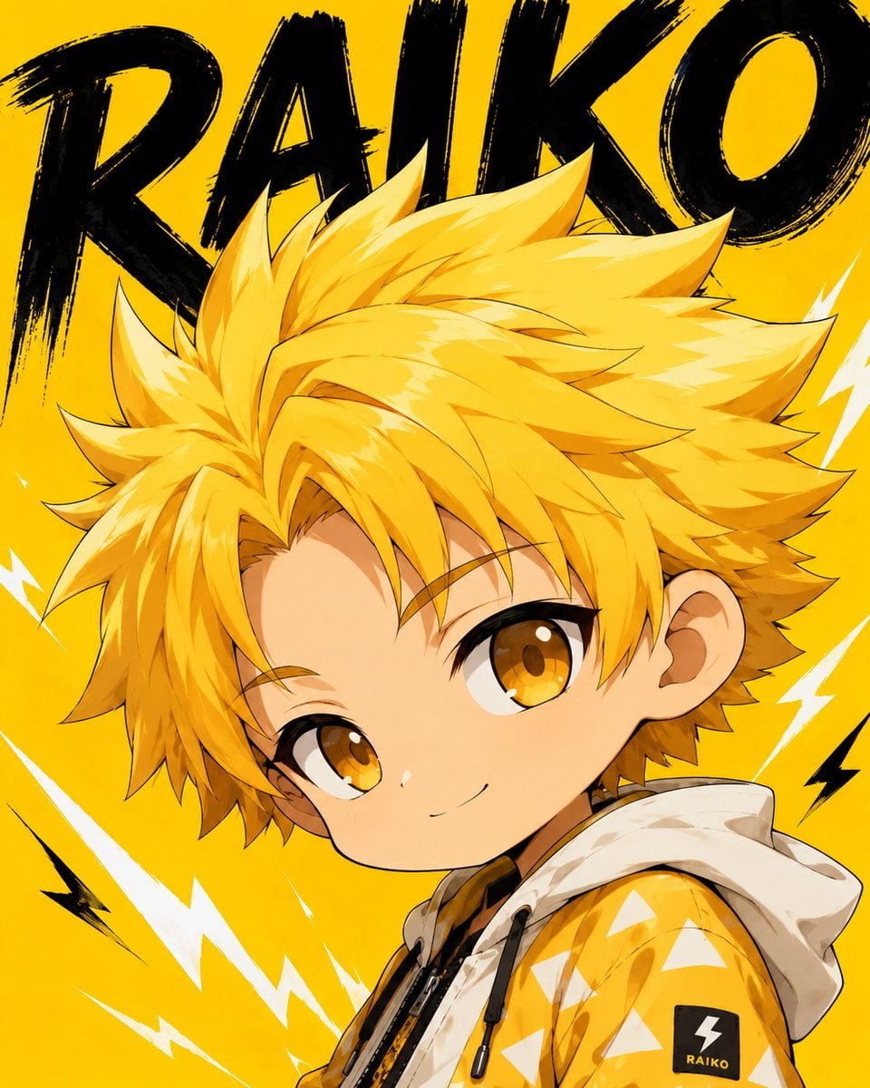 Chibi Anime Poster with Yellow Gradient and Lightning Bolts thumbnail 3