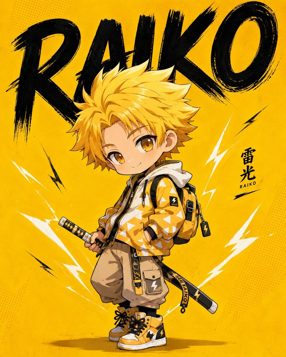 Chibi Anime Poster with Yellow Gradient and Lightning Bolts thumbnail 4