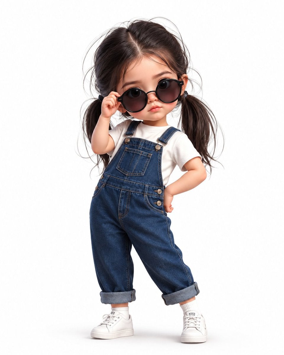 Chibi Girl in Denim Overalls with Sunglasses