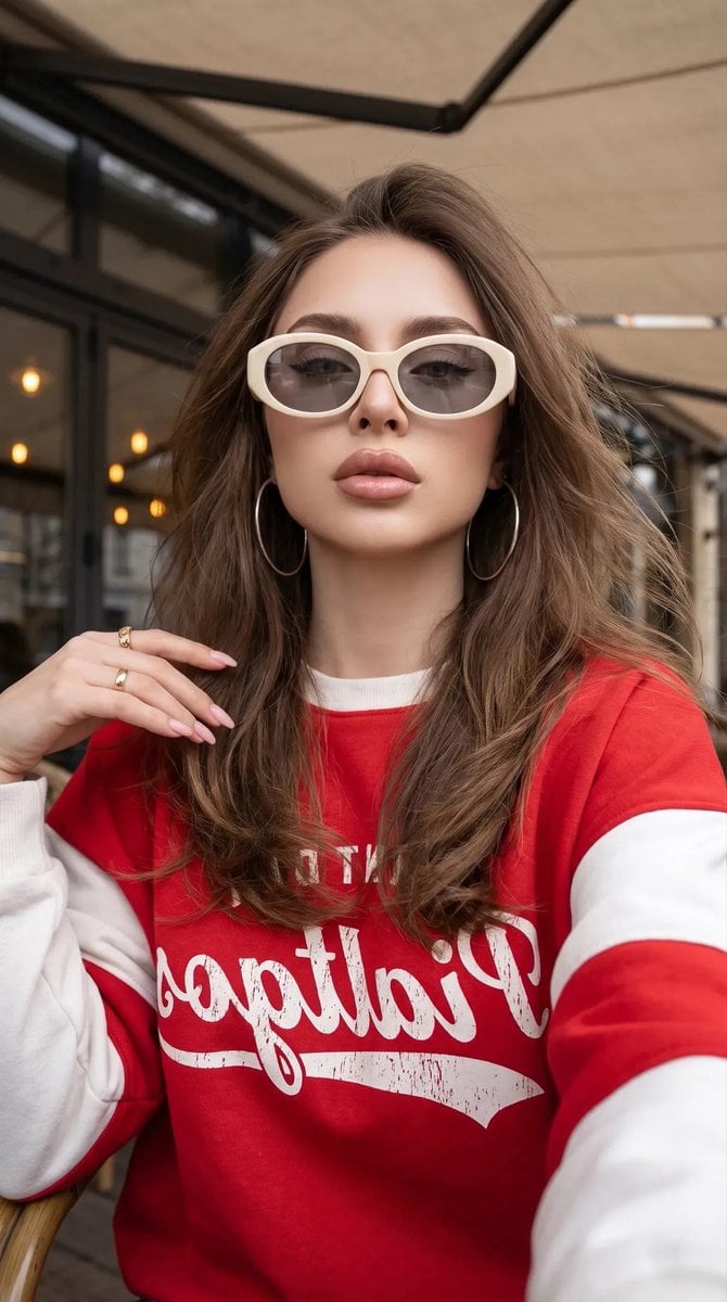 Ultra-Realistic Editorial Selfie Portrait with Vintage Sweatshirt thumbnail 2