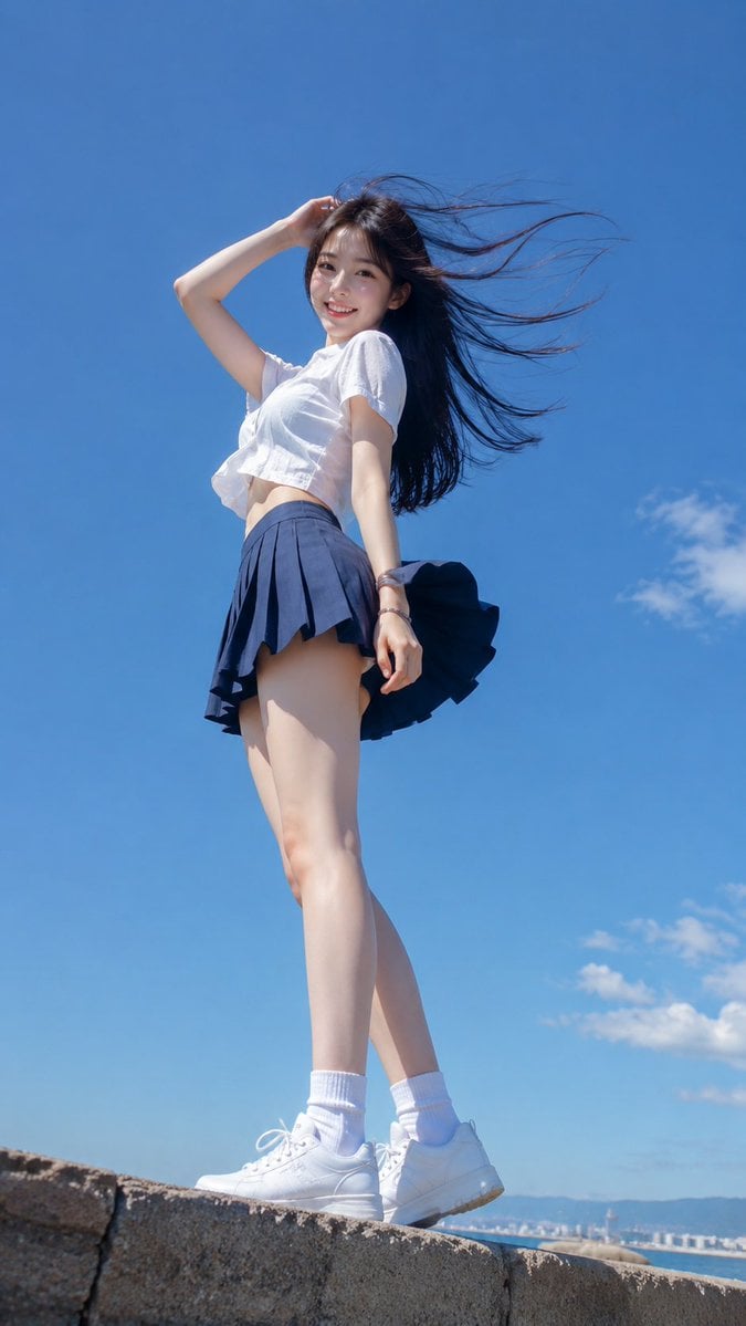 Summer Wind Portrait of Young Woman in Pleated Skirt