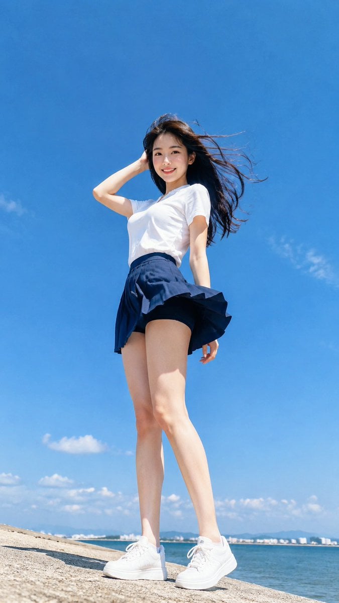 Summer Wind Portrait of Young Woman in Pleated Skirt thumbnail 3