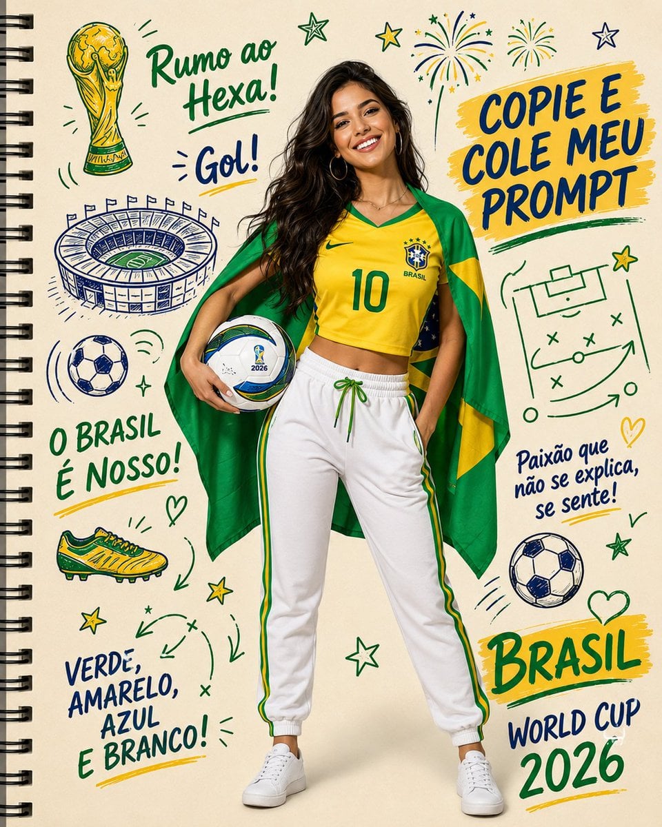 Brazil 2026 Poster with Woman in Jersey and Doodles