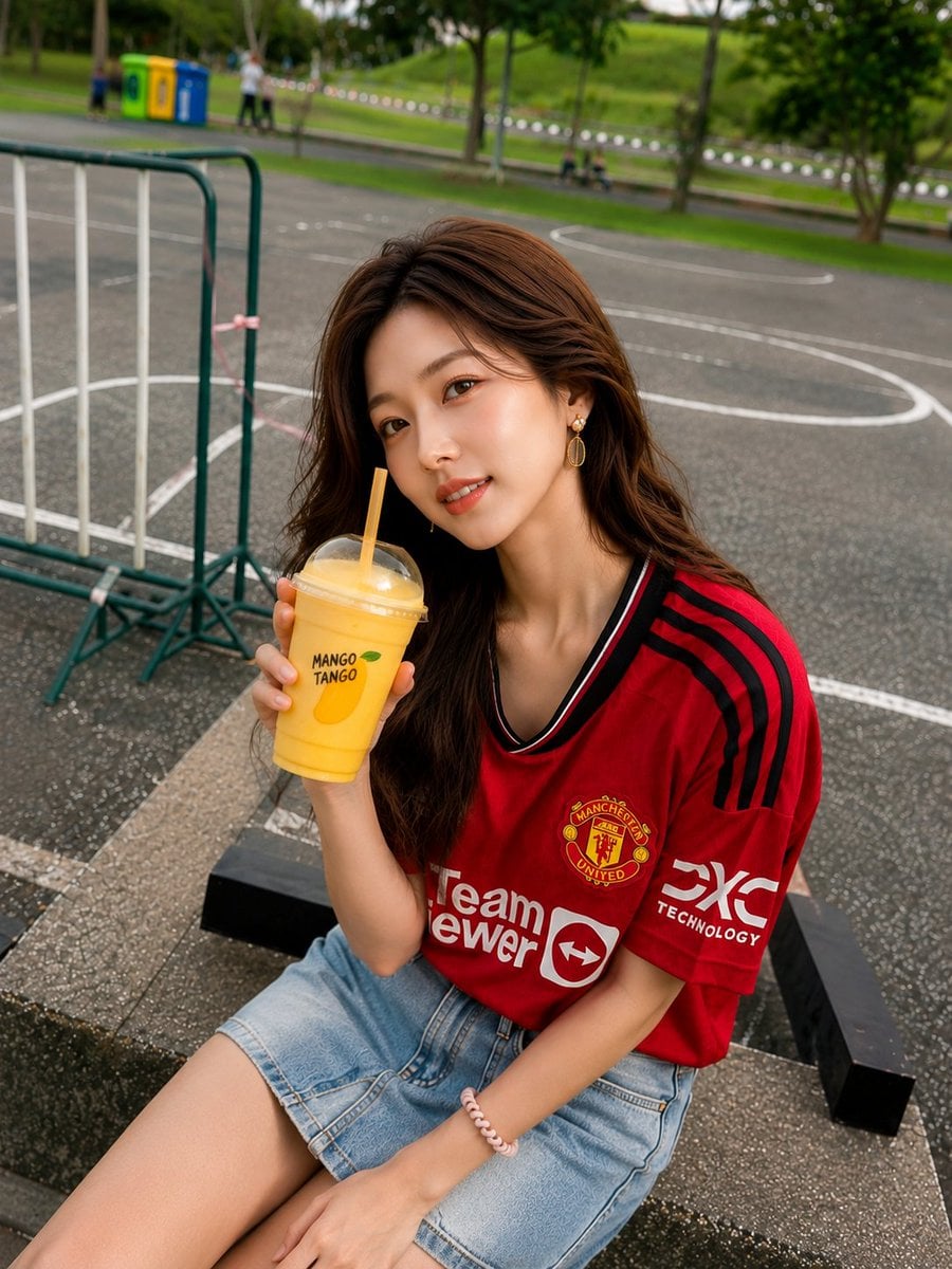 Asian Woman in Red Jersey with Mango Smoothie