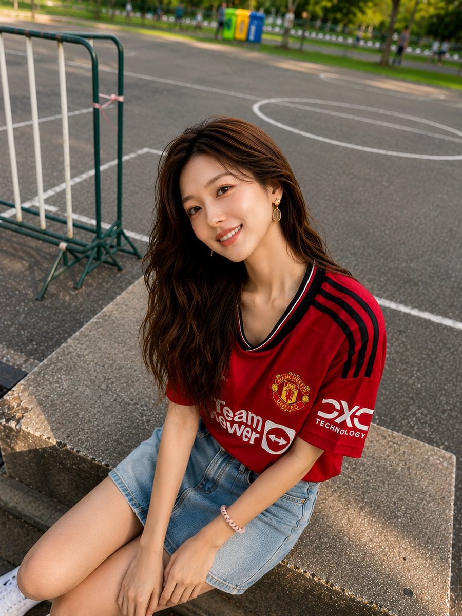Asian Woman in Red Jersey with Mango Smoothie thumbnail 2