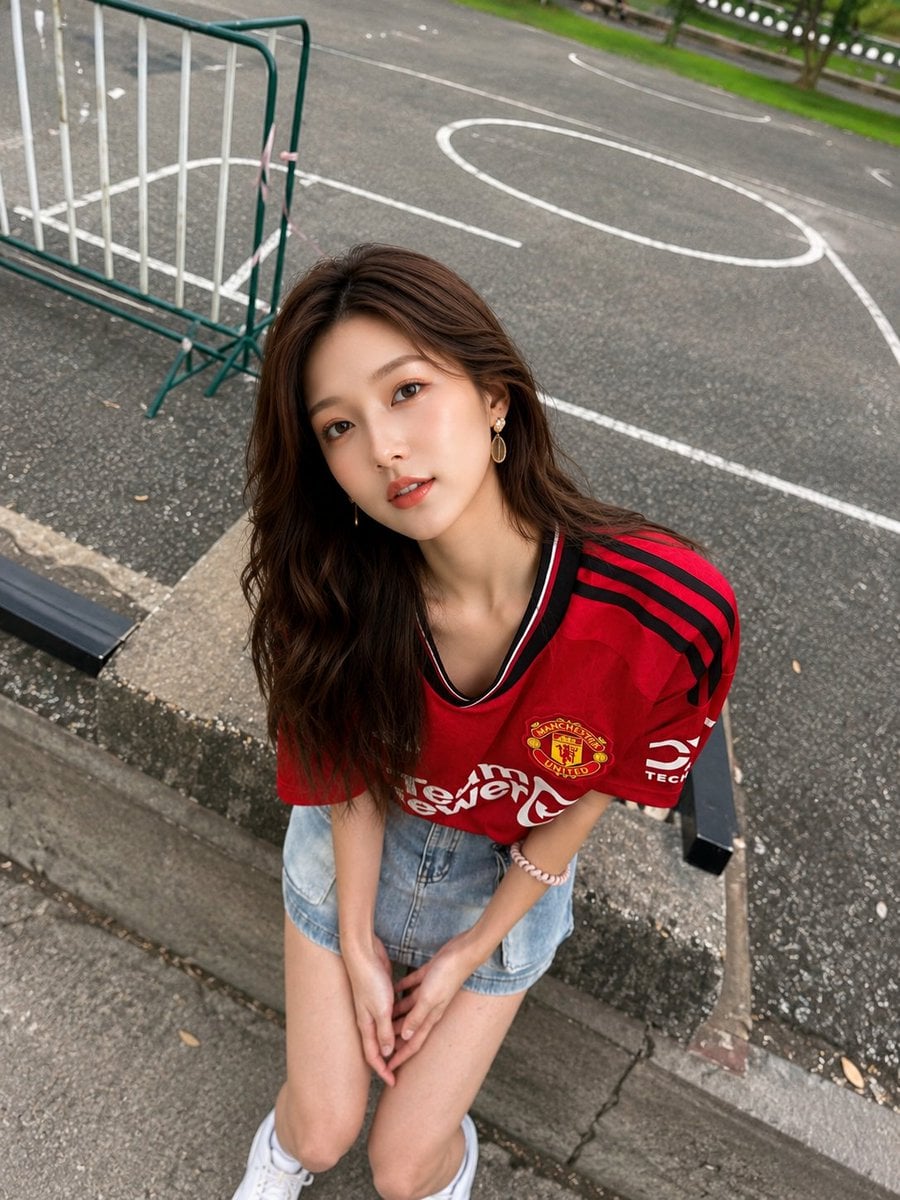 Asian Woman in Red Jersey with Mango Smoothie thumbnail 3