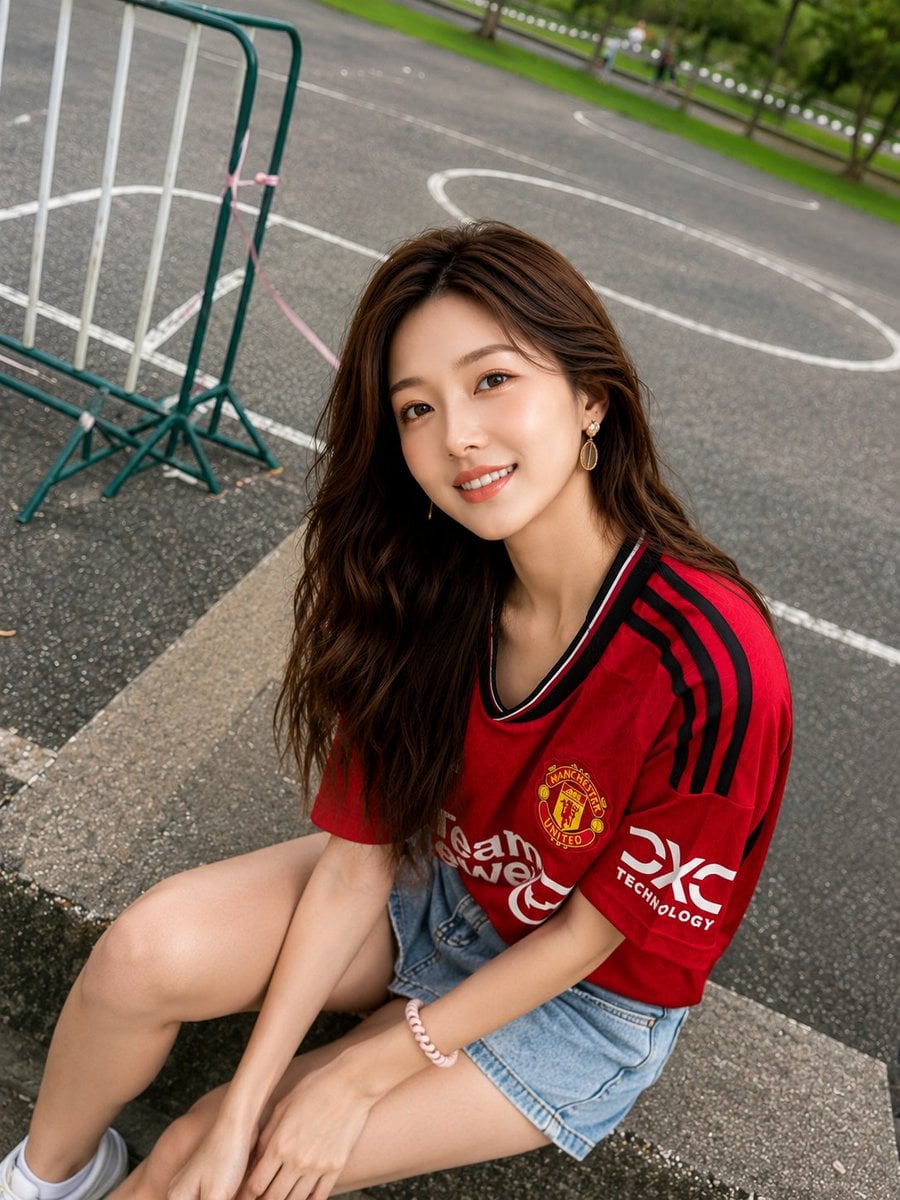 Asian Woman in Red Jersey with Mango Smoothie thumbnail 4