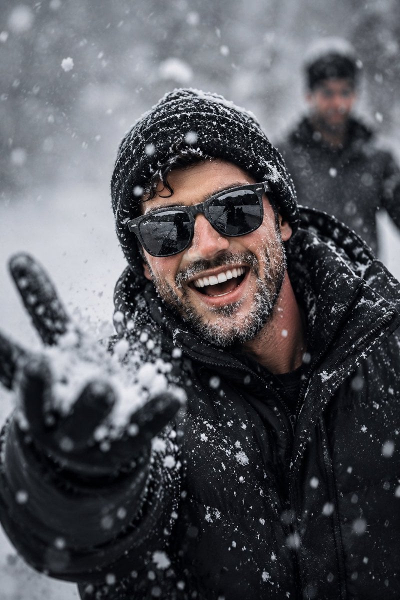 Joyful Winter Portrait with Snow and Sunglasses