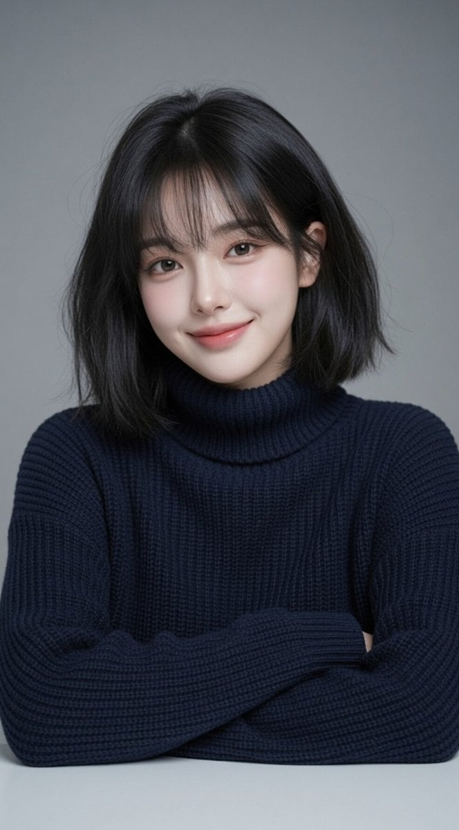 Soft Studio Portrait of Woman in Navy Turtleneck