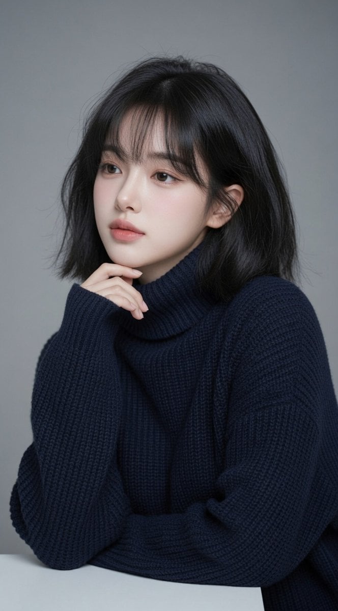 Soft Studio Portrait of Woman in Navy Turtleneck thumbnail 4