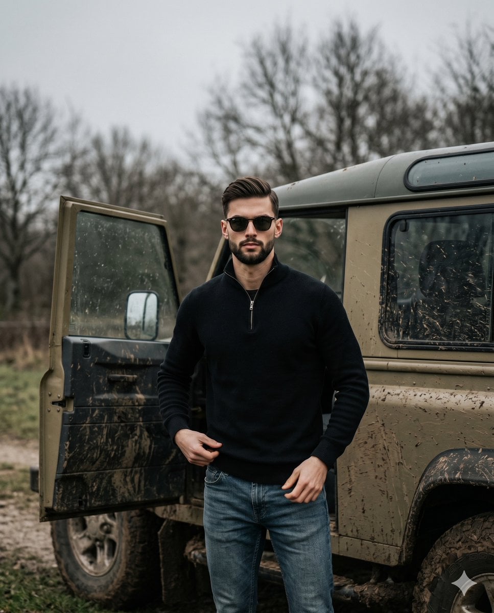 Bearded Man Beside Mud-Splattered Defender Vehicle image 1
