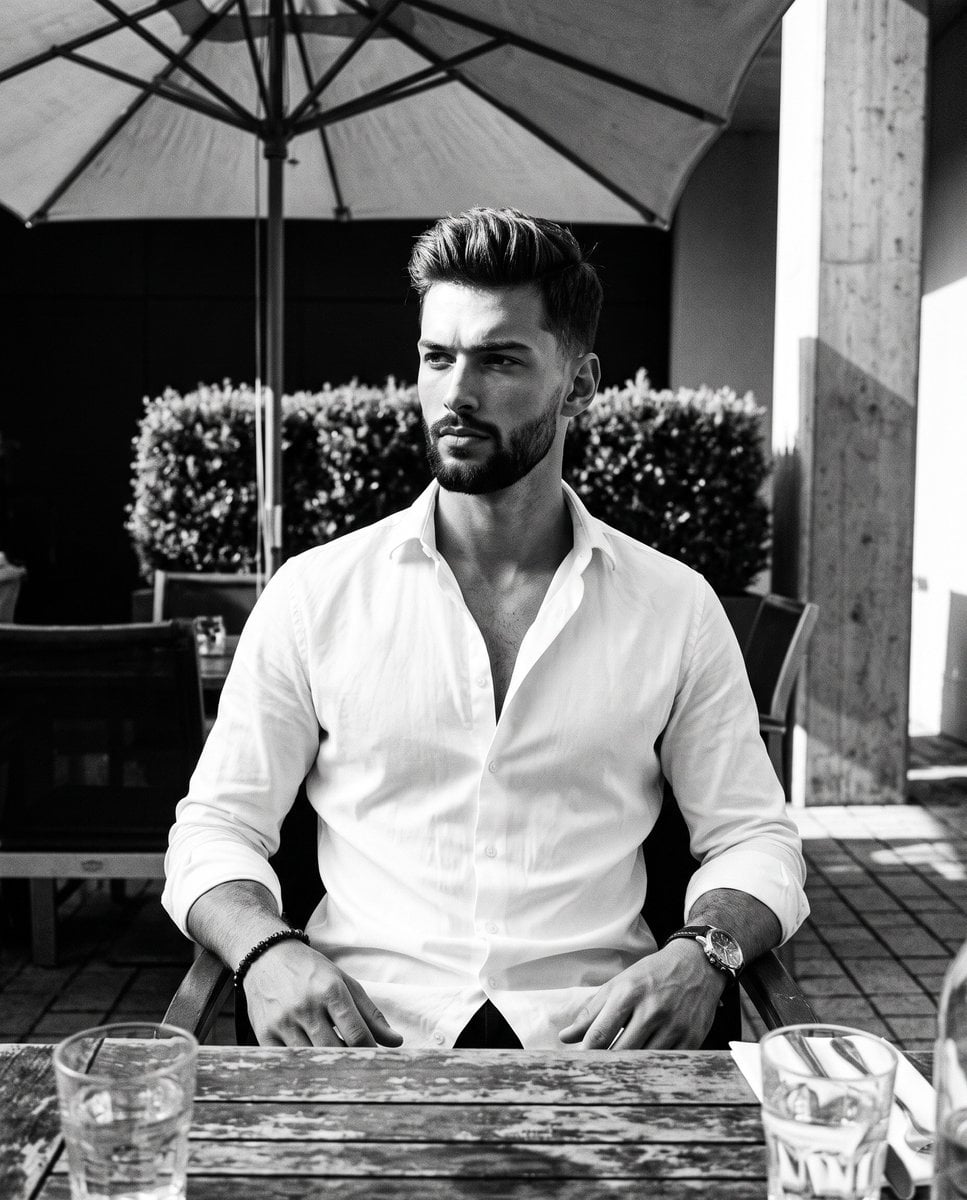Contemplative Man in Monochrome Cafe Portrait