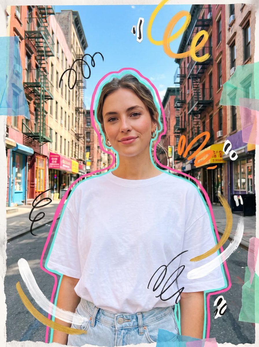 Sunlit Street Portrait with Hand-Drawn Accents