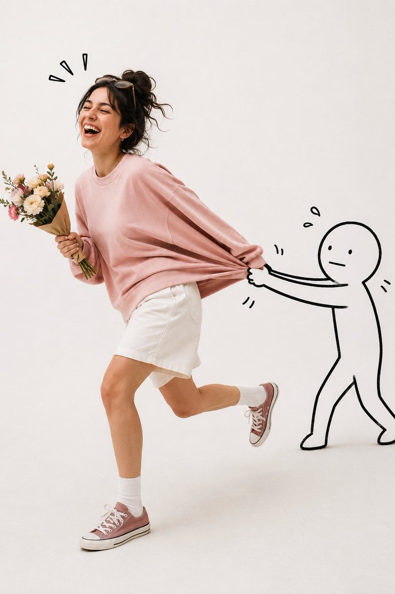 Playful Pixie Cut Laughter in Minimalist Studio