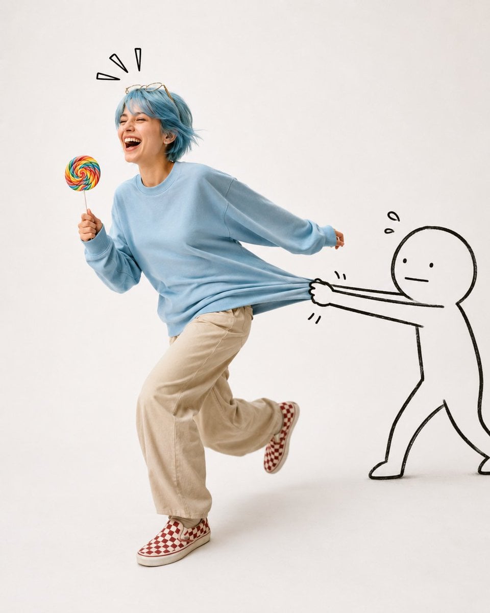 Playful Pixie Cut Laughter in Minimalist Studio thumbnail 2