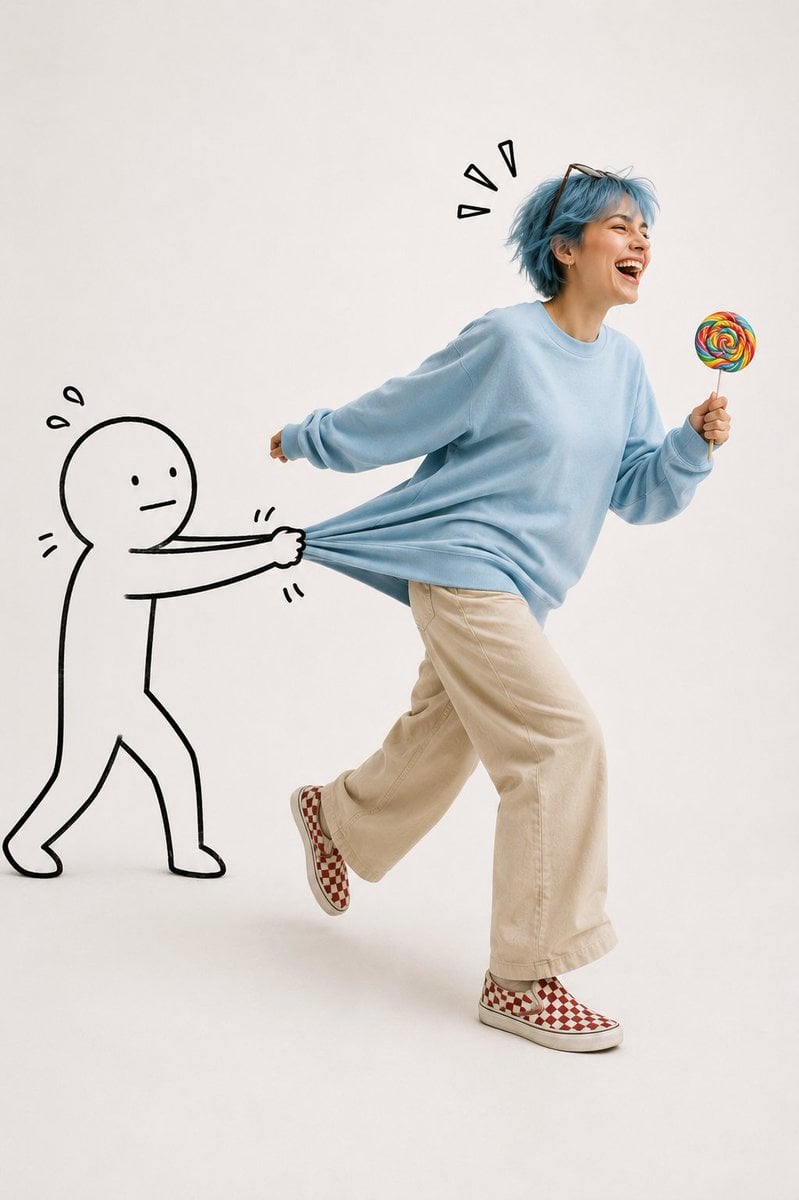 Playful Pixie Cut Laughter in Minimalist Studio thumbnail 3