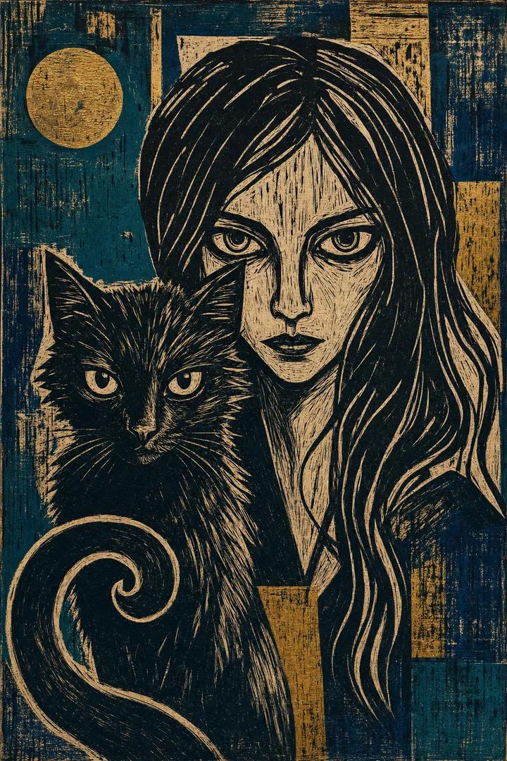 Expressionist Linocut Woman with Cat image 1